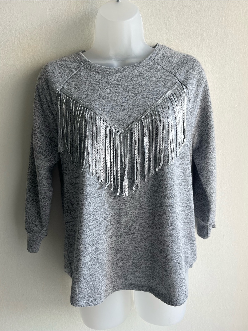 New Look Light Gray Silver Western Fringe Knit Top Medium